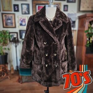 White Stag Faux Fur Coat Vintage 70s Brown Double Breasted Teddy Jacket Medium